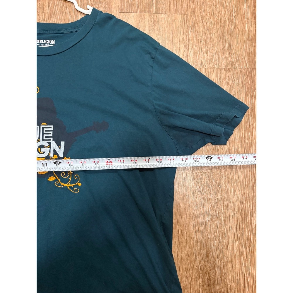 True Religion Mens 2XL Teal Green Graphic T-Shirt Guitar Floral Embroidered Tee - Picture 5 of 6